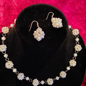 STERLING Faux Pearl Cluster Necklace and Drop Earrings Set - White